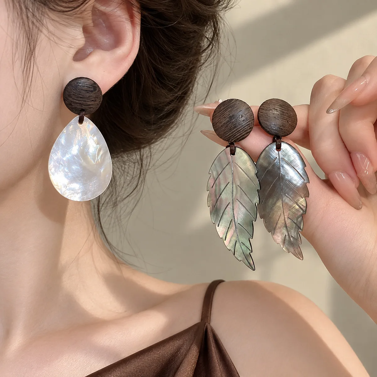 Earrings Vintage Wooden Mother of Pearl Leaf Natural Shell Water Drop Dangle Forest Artistic Long Face Slimming Women Chic