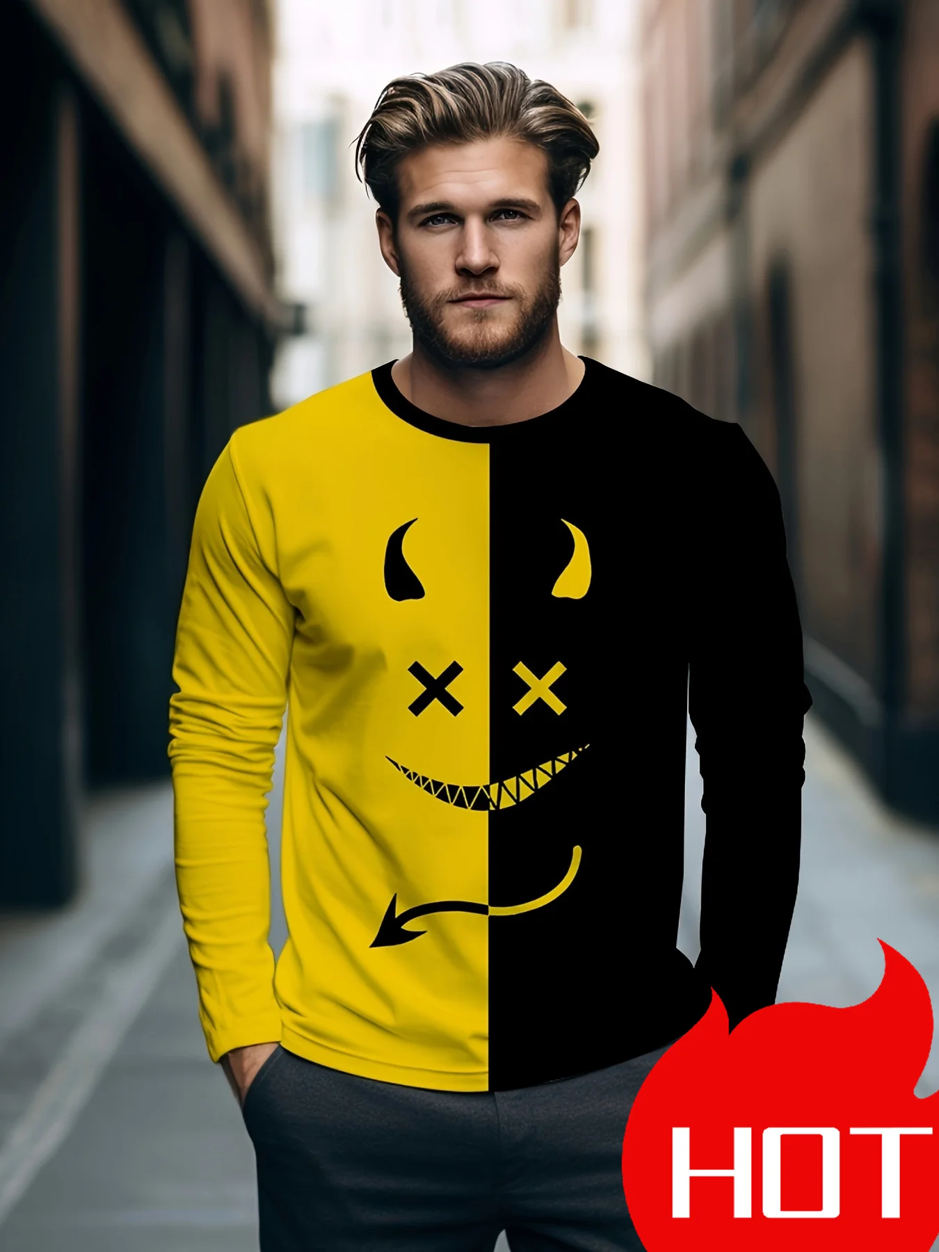 Men’s Evil Expression Printed Long Sleeve T-Shirt  Hip Hop Harajuku Graphic Tee Autumn Casual Crewneck Exercise Top