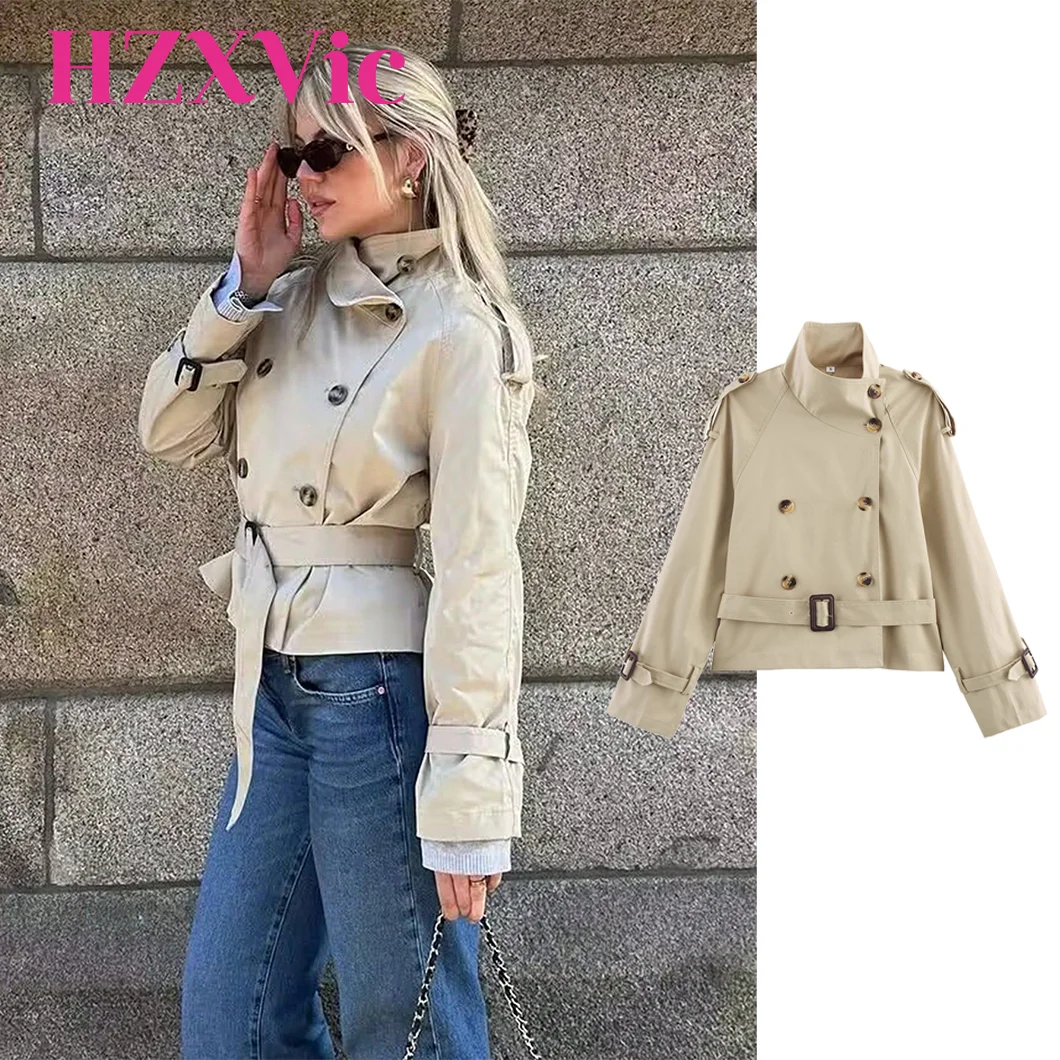 

HZXVic Women trench coat Solid Cropped Trench Coat Vintage Double Breasted Long Sleeve Short Jacket Lapel Collar Windbreaker