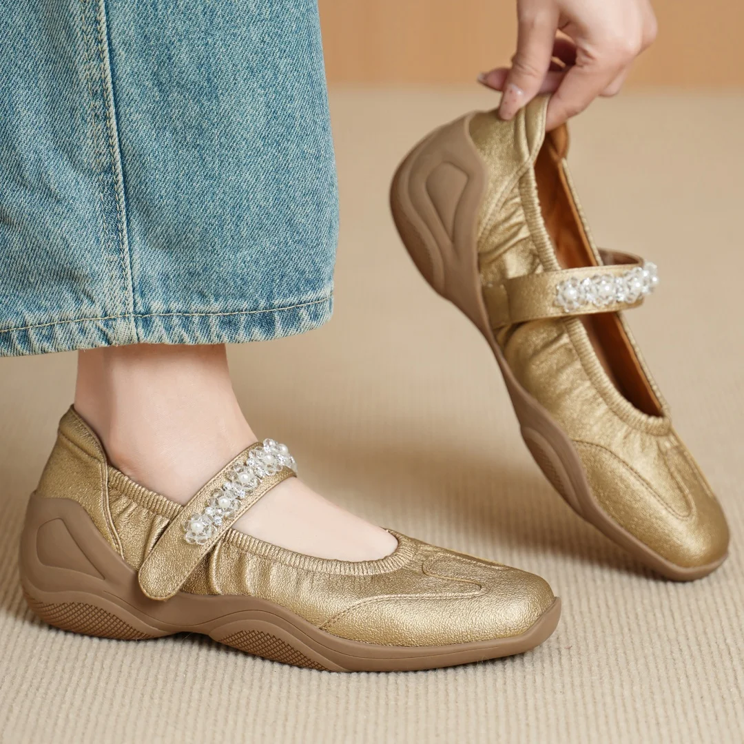 

Danxuefei женские балетки из натуральной кожи с узкими ремешками и бисером на липучке, балетки Мэри Джейн высокого качества, повседневная повседневная обувь