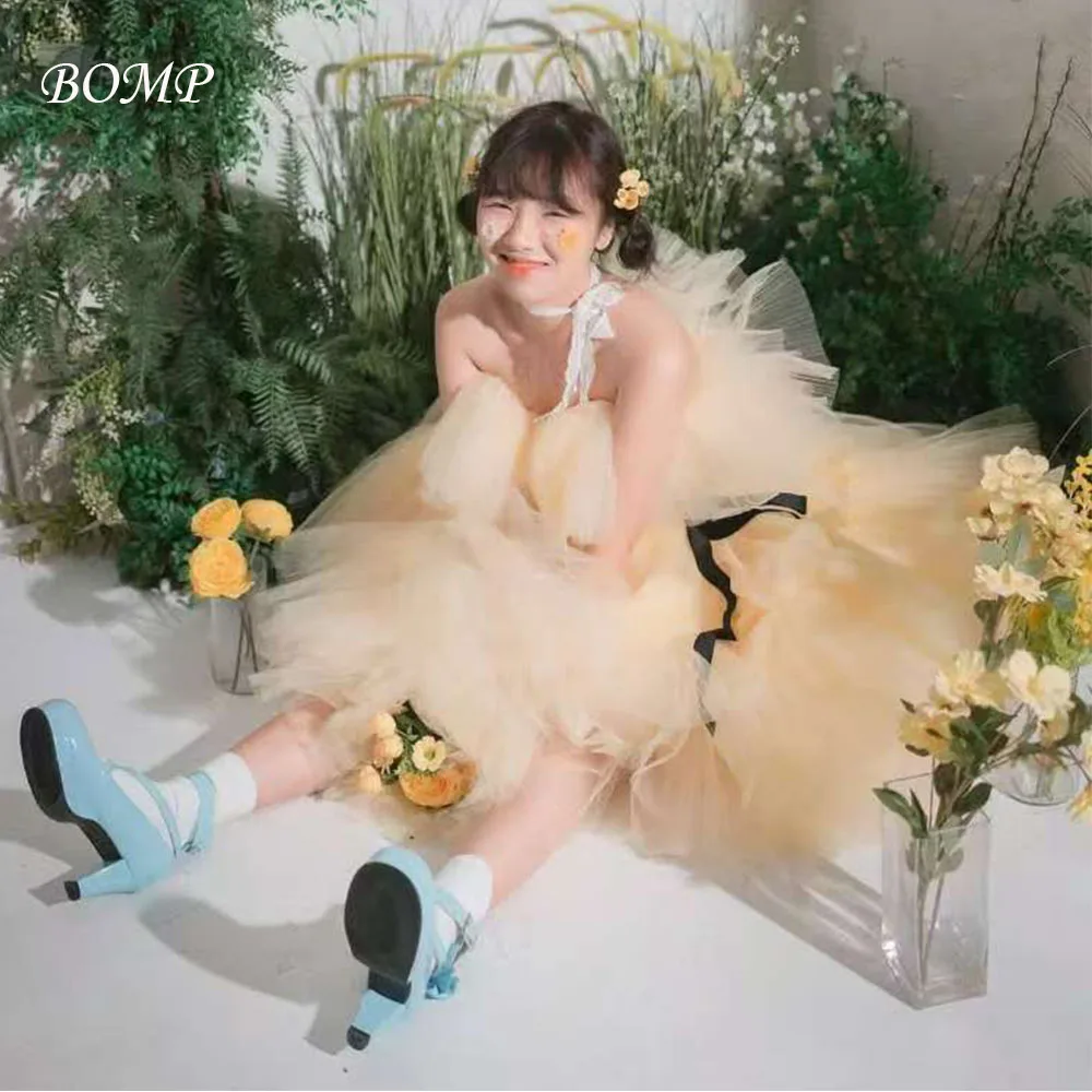 

BOMP Lovely Yellow Wedding Party Dress Strapless Pleat Tea Length Tulle Photoshoot Bridal Reception Gown Customized ウエディングドレス