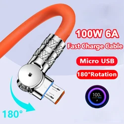 120W 6A Elbow Micro USB 180 °Rotate Liquid Silicone Cable For Samsung S3 S5 S6 Phone Cable Power Bank Usb Cord For Playing Game
