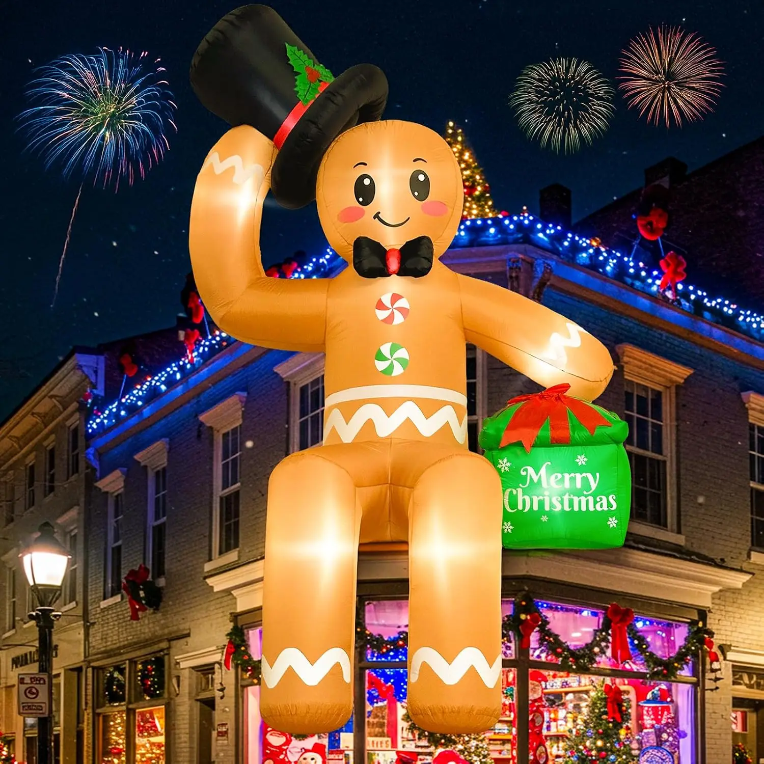 Giant 14-Foot Christmas Inflatable Sitting Gingerbread for Roof Display