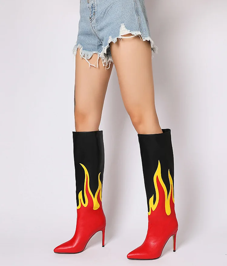 

New Punk Style Pointed Head Thin Heel Color Matching Thin Boots Stage Catwalk Flame High Heel Boots Sexy Women's Boots 34&44