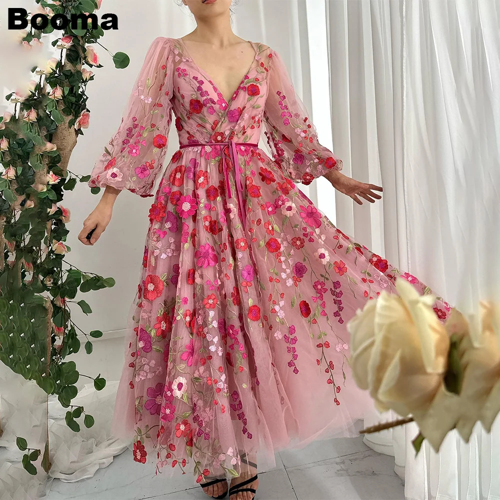 Booma Floral Prom Dresses V Neck Lace A-Line Wedding Party Dress Long Puff Sleeves Ankle Length Birthday Evening Gowns for Women