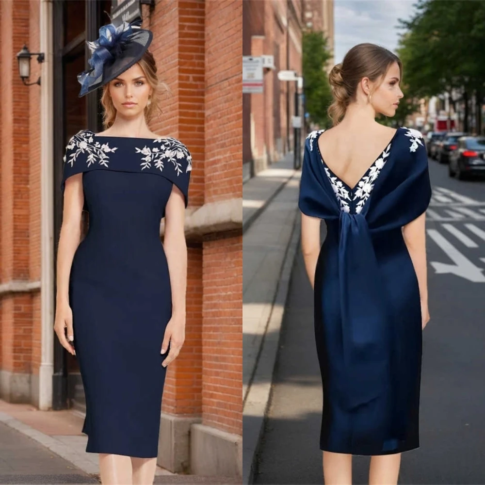 Aangepaste delicate blauwe jersey avondjurk hoge kwaliteit vierkante kraag korte mouwen cocktailjurk klassieke feestjurk