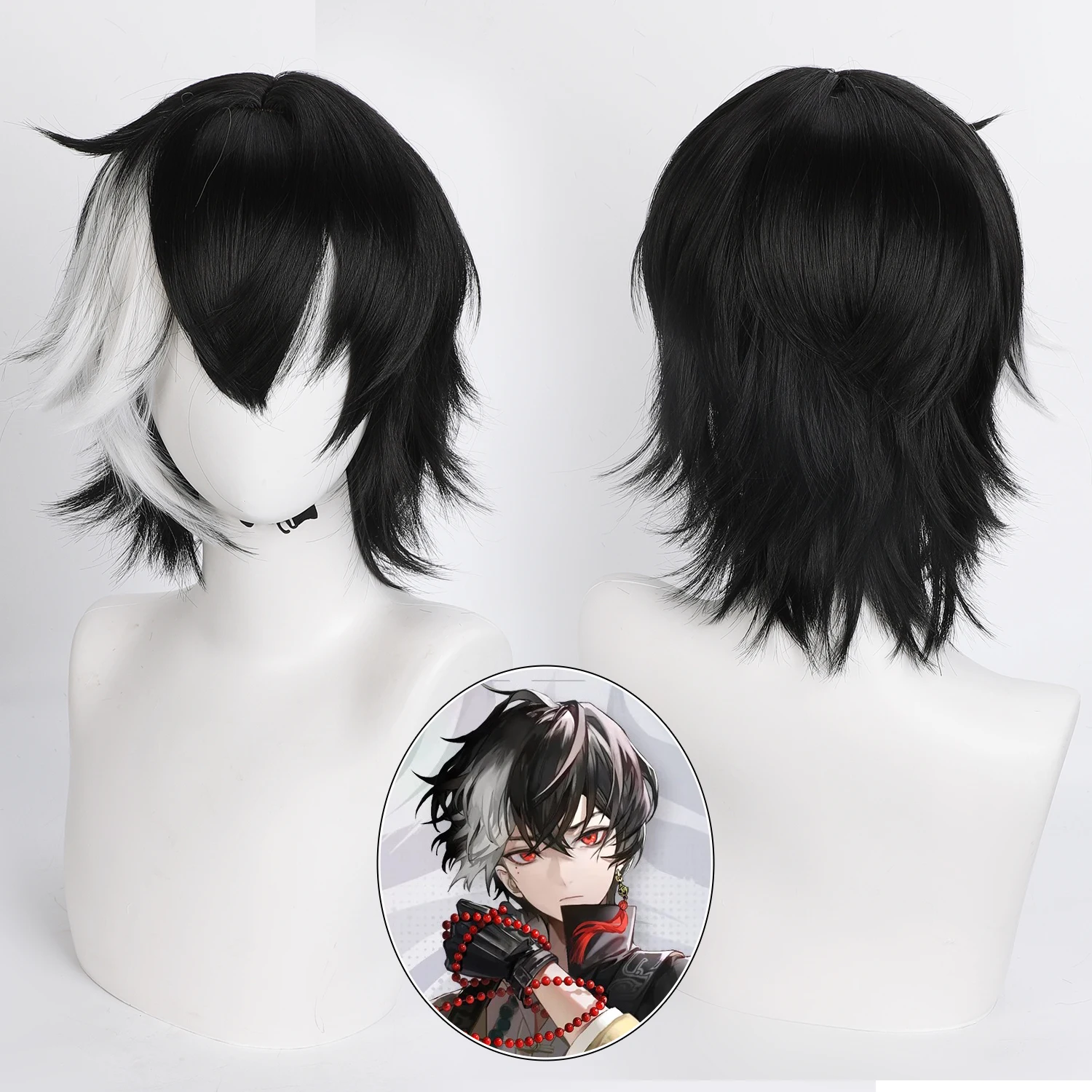 

12-дюймовый парик для косплея Гуилончжао Чжу, черно-белый с мелированием, предварительно укладанный, имитация кожи головы, готовый к использованию, синтетические волосы для вечеринок