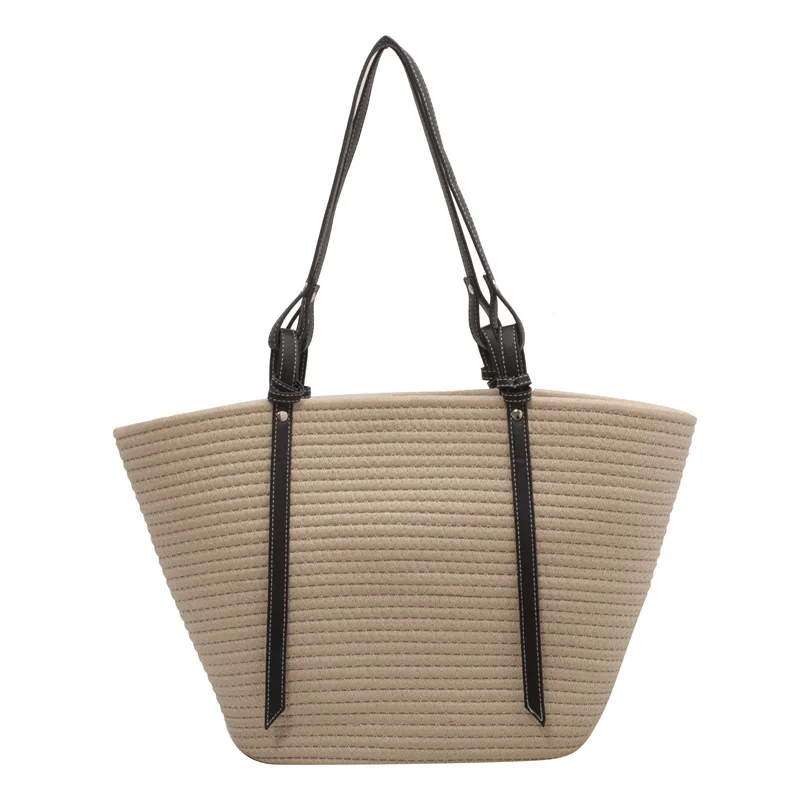 Sac tissé en ULde coton de grande capacité pour femme, sac à bandoulière simple, sac tissé en paille, sac de plage décontracté, ceinture noire,