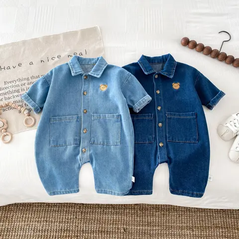 Korean Style Newborn Bodysuit Baby Jumpsuit Boy Girl Autumn Outdoors Bear Prints Denim Romper 0-2yrs