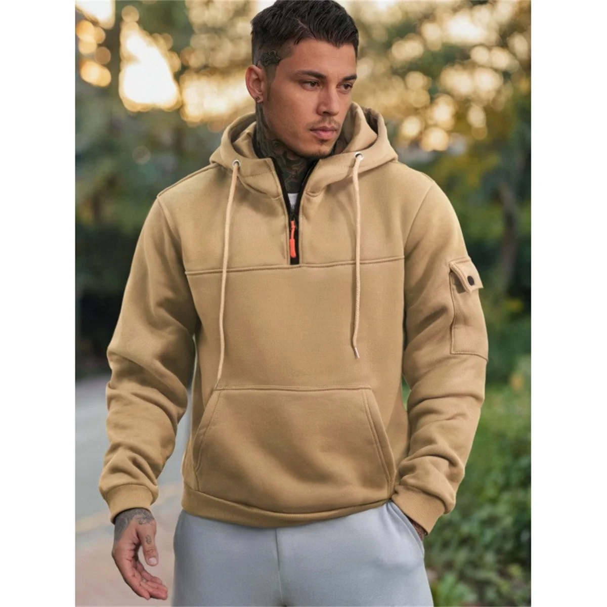 Tiki Autumn Fleece Warm Soft Arm Pocket Leisure Outdoor Jogging Camping Fishing Sports Professional Solid Color Men\'s Hoodie