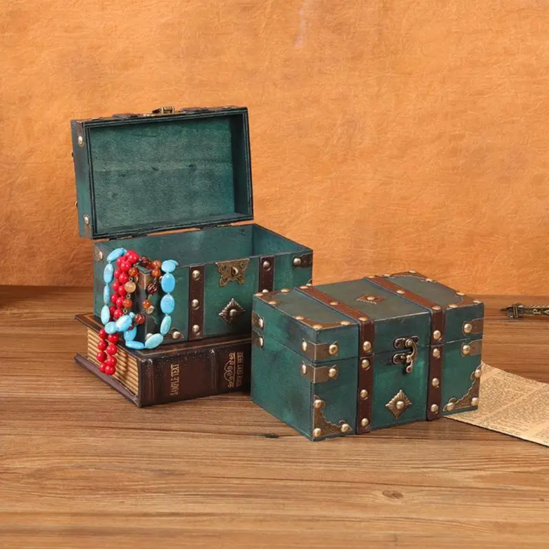 Retro Treasure Chests With Lock Vintage Wooden Storage Box Antique Style Jewelry Organizer Decorative Pirate Treasures Box Gift