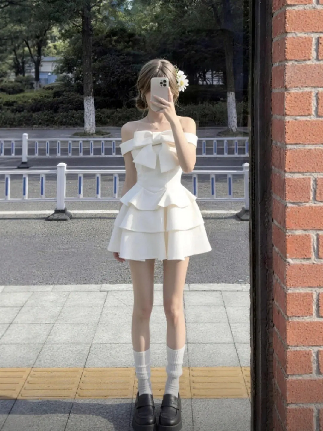 

Unique Beautiful Knot One Shoulder Puffy Dress Stylish French Style Cotton Summer Dress for Young Women