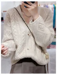 Heavy and thick twist flower V-neck cashmere knitted cardigan women autumn and winter lazy loose sweater every sweater overcoat