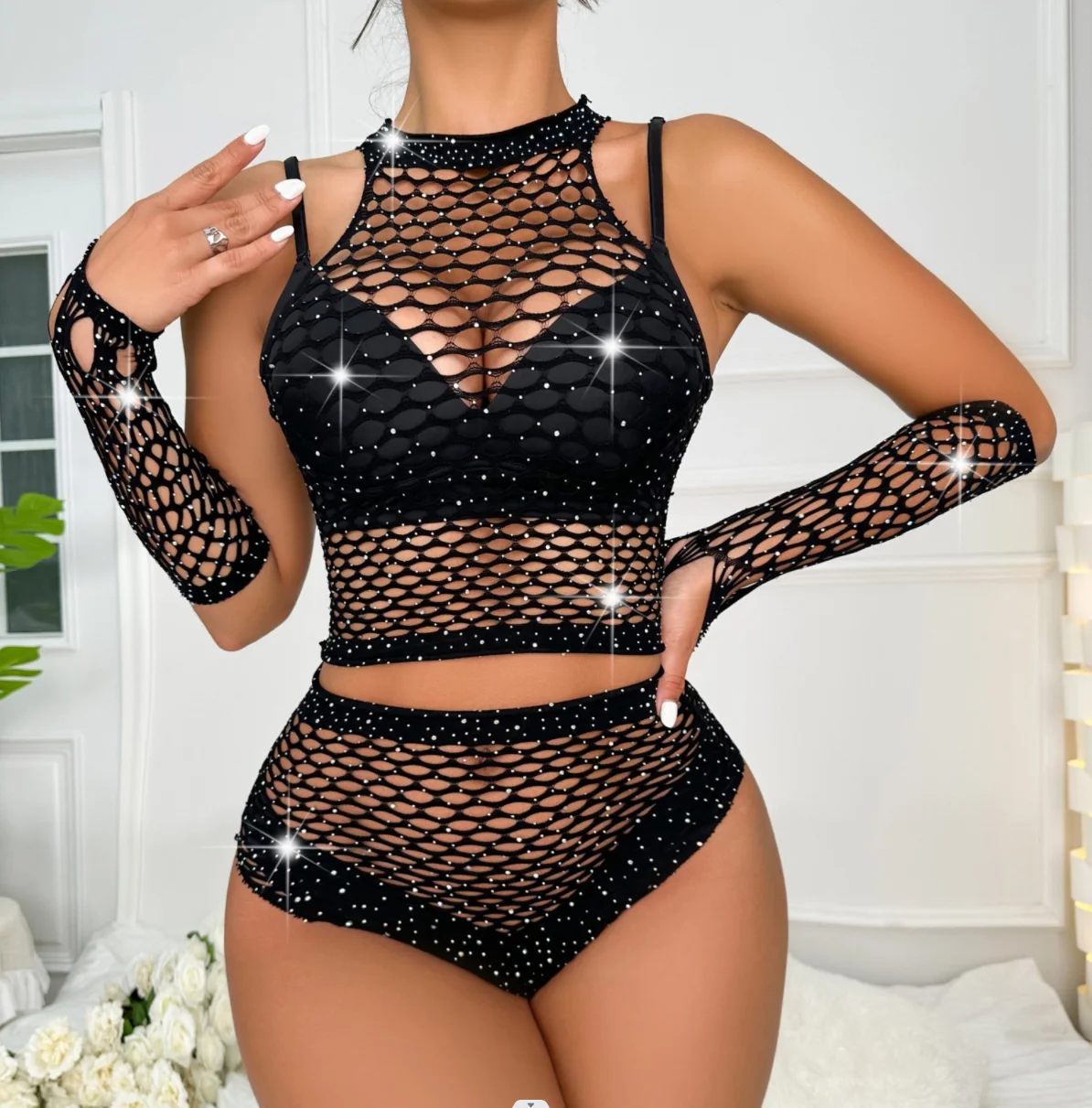 

Sexy Fishnet Rhinestone Top Panties Gloves 4 piece Crystal Bodystocking Lingerie