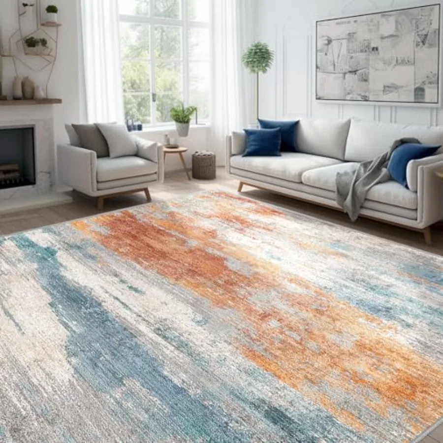 

Abstract 10x14 Washable Rug for Living Room and Bedroom Decor: Modern NonSlip Foldable Soft Distressed StainResistant Neutral A