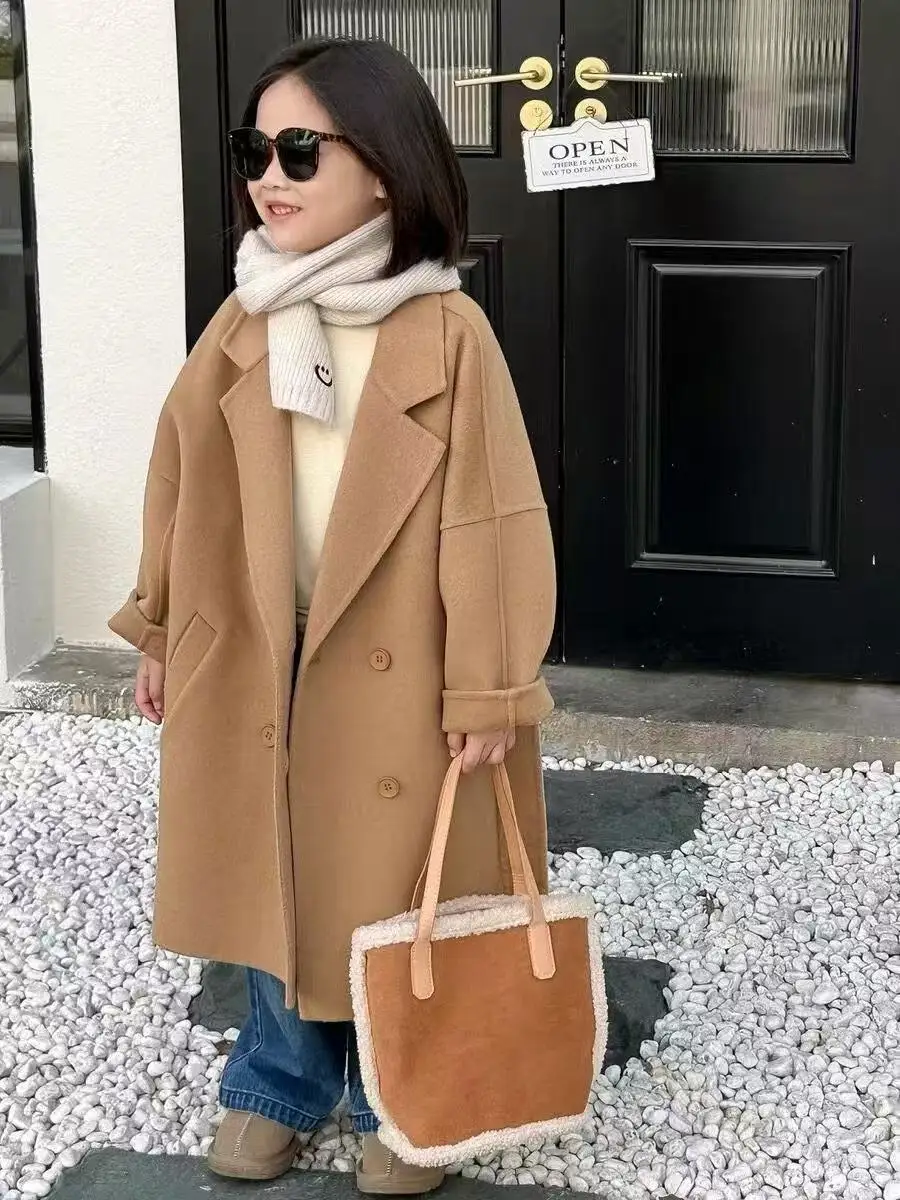 2-9 Year New Children's Double Sided Cashmere Coat Autumn/Winter Girls' Woolen Medium To Long Jacket 90-150cm