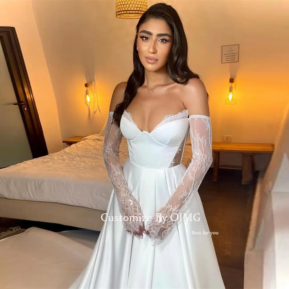 OIMG Elegante Satin Spitze EINE Linie Hochzeit Kleider Lange Ärmeln Strand Brautkleider Weiß Formale Party Kleid 2023 Robe de mariage