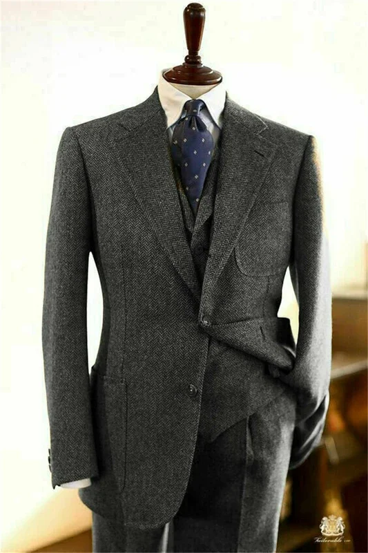 Herringbone Suit Men 3 Pieces Formal Business Tweed Tuxedo for Men Retro Wedding Men\'s Suit Jacket Vest Pants Set