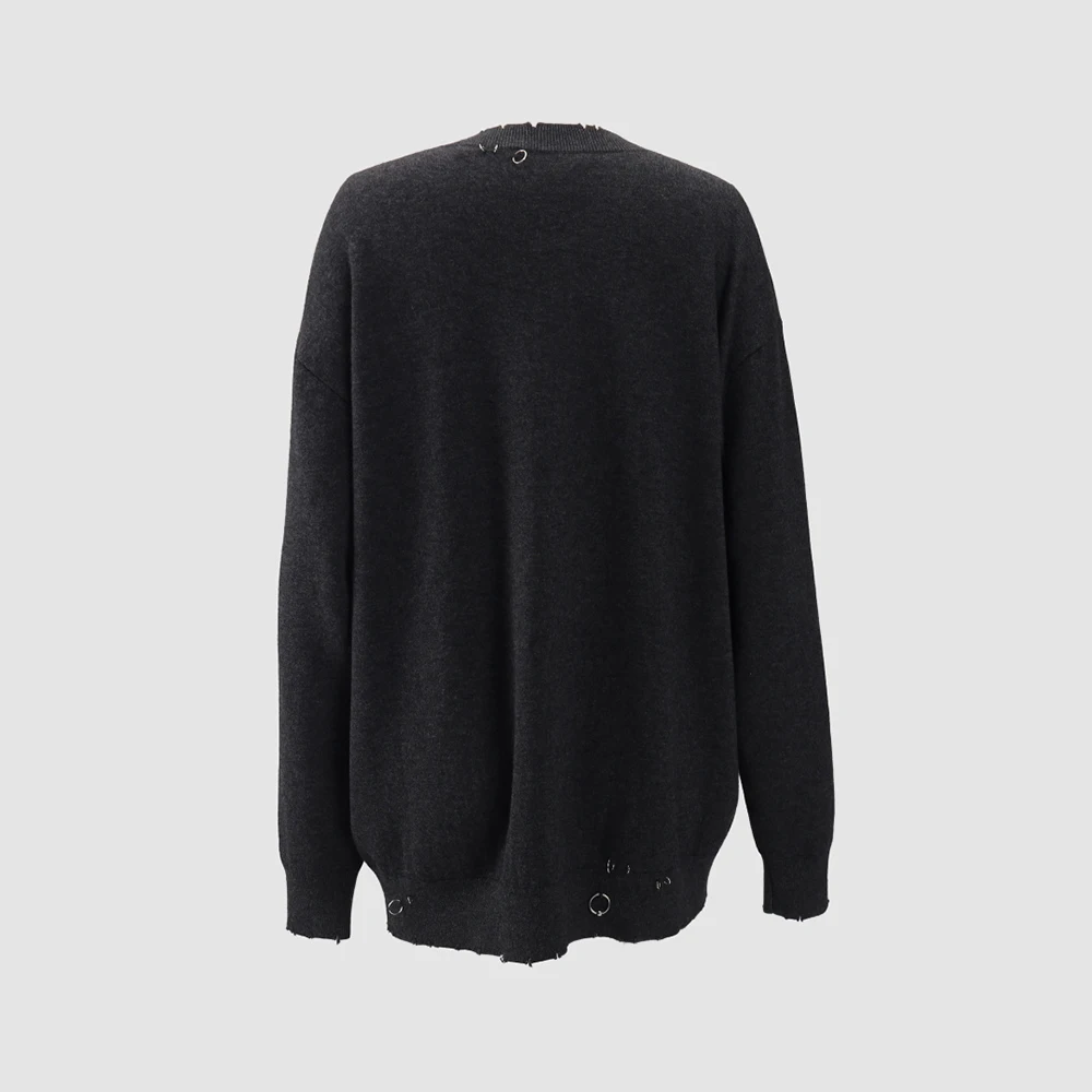 T-shirt girocollo da donna elegante con dettaglio anello in metallo 100% misto lana manica lunga pronta per pendolari Top stile Y2K Primavera 2026 Nuovo