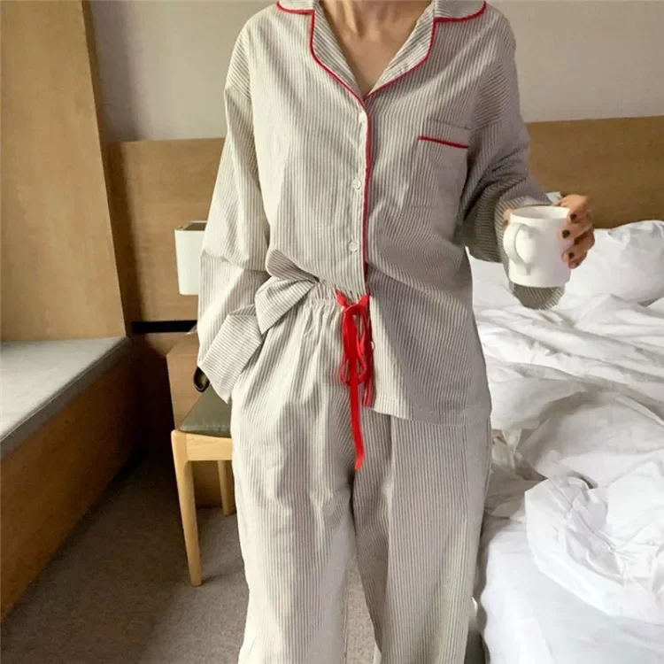 Women's Striped Print Pajama Set Long Sleeve Spring Autumn Ladies Sleepwear 2 Pcs with Pant Turn Down Collar Pijama for Female