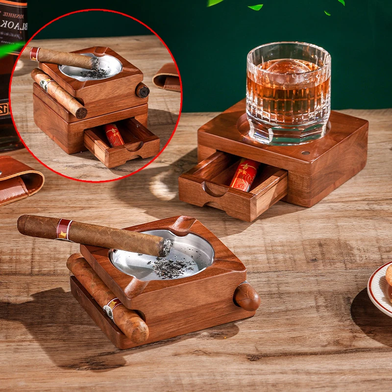 

Wooden Cigar Ashtray, European-Style Desktop Cigar Tray, Multi-Functional Detachable With Storage Drawer, Whisky Glass Rack