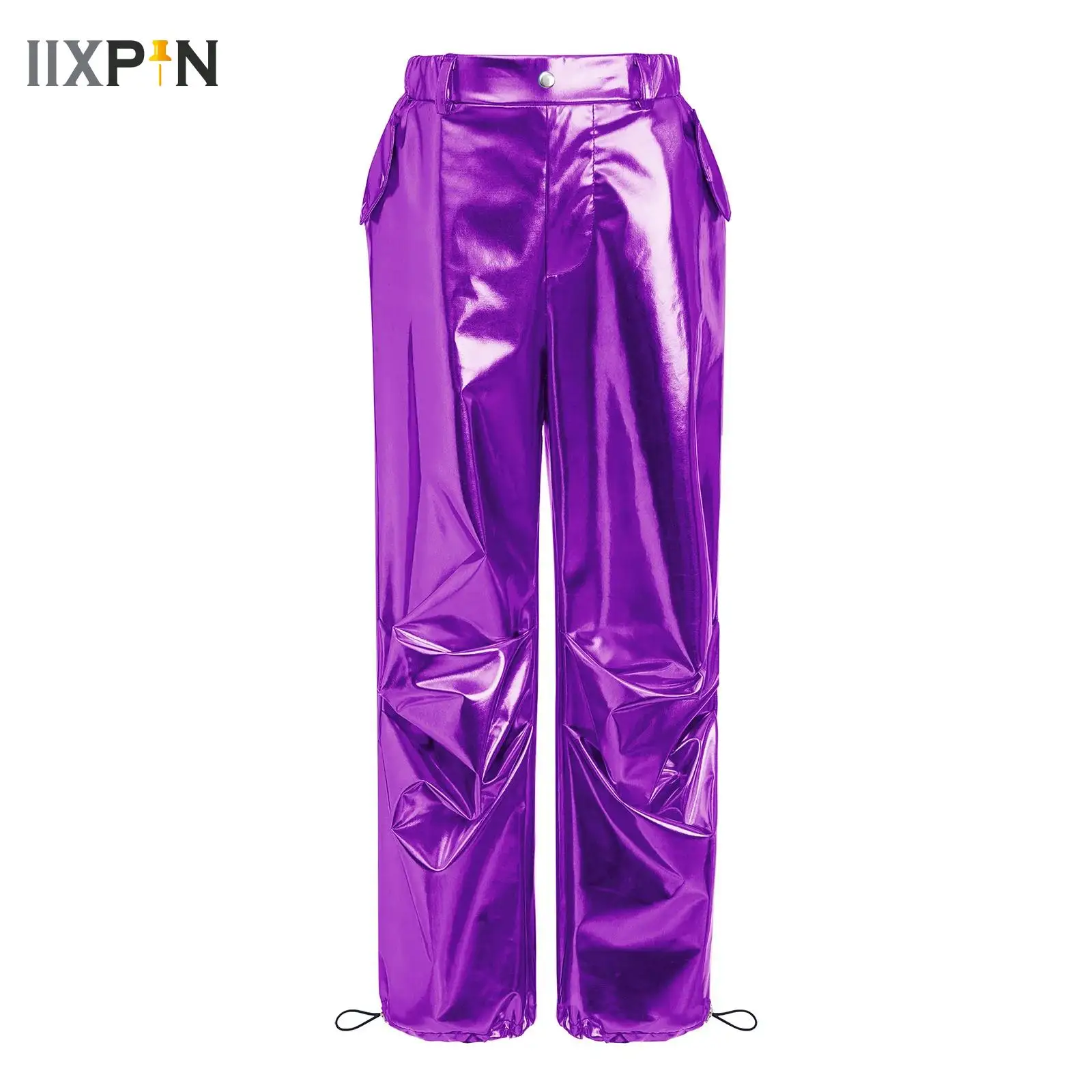 

Kids Boys Girls Metallic Cargo Pants Jazz Dance Costumes Drawstring Leg Shiny Trousers for Modern Hip Hop Street Stage Dancewear