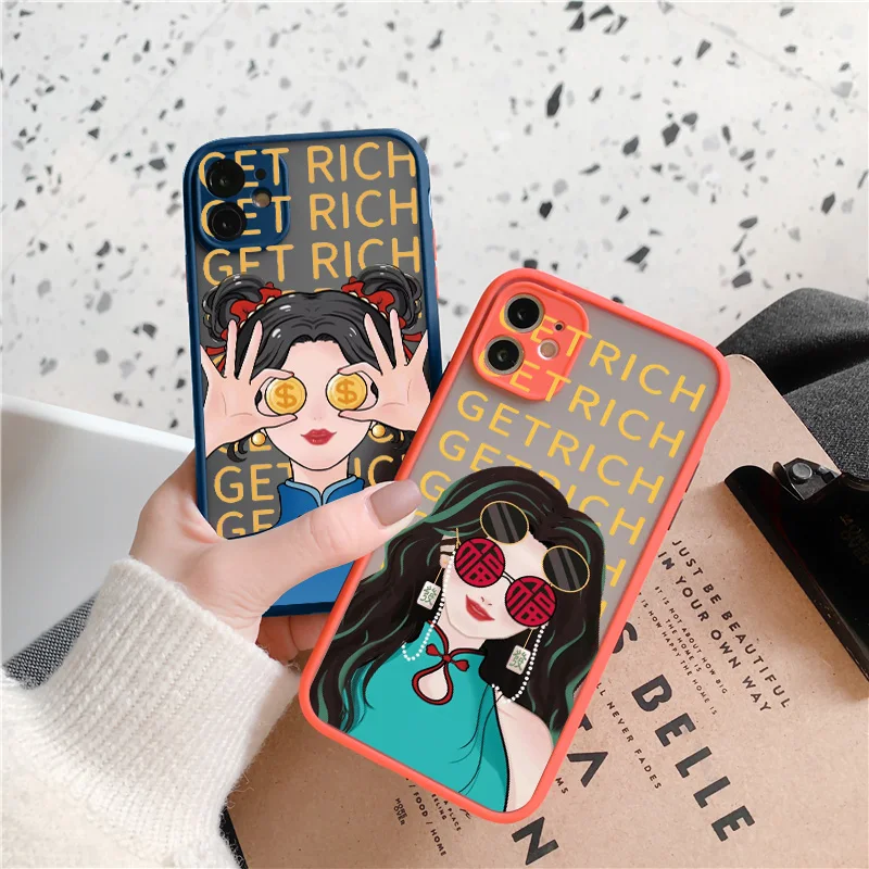 Cartoon Hand Painted Rich Girl Phone Case For iPhone 12 11 13 14 Pro X XR XS Max 7 8 Plus SE2 Bestie Transparent Hard Cute Case