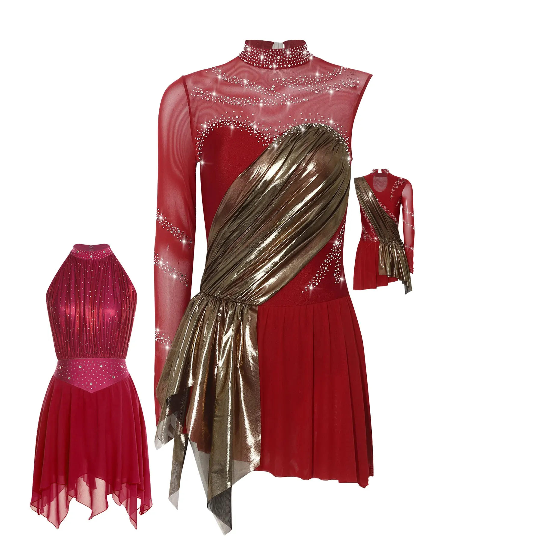 女性フィギュアスケートパフォーマンス衣装メタリックシャーリングメッシュバレエ体操レオタードドレス社交リリカルダンスウェア用