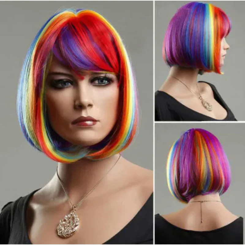 Fashion Women Rainbow Bob Straight Short Synthetic Hair Cosplay Party Full Wig