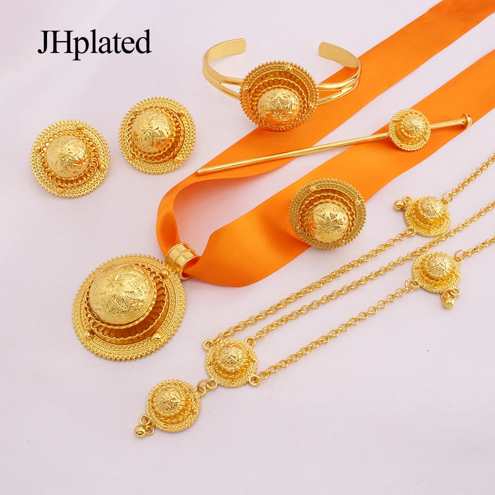 Luxury Gold color bridal Jewelry sets for women Ethiopian red rope pendant Hairpin necklace earrings bracelet ring wedding gift