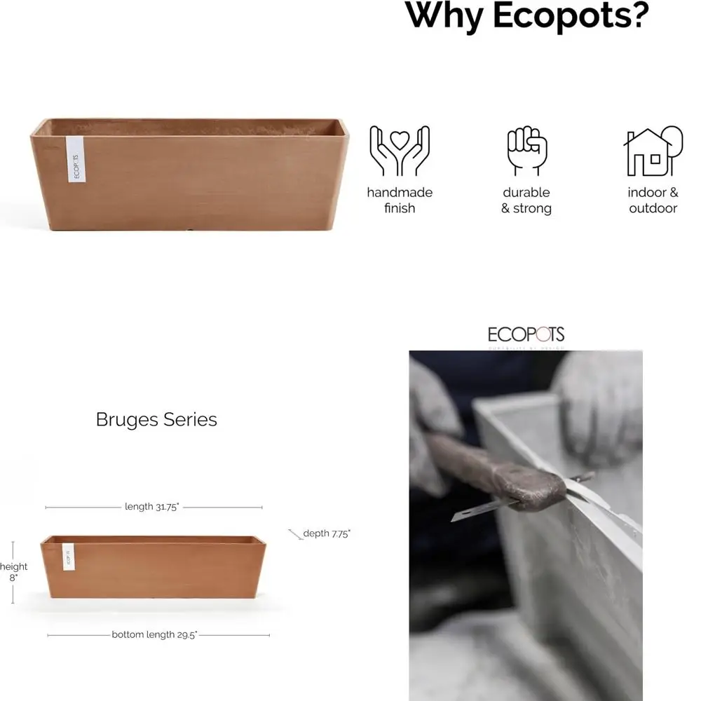 

Durable Rectangular Recycled Composite Planter for Indoor and Outdoor Use, Terracotta, 31.5 Inches, Eco-Friendly Flower Pot