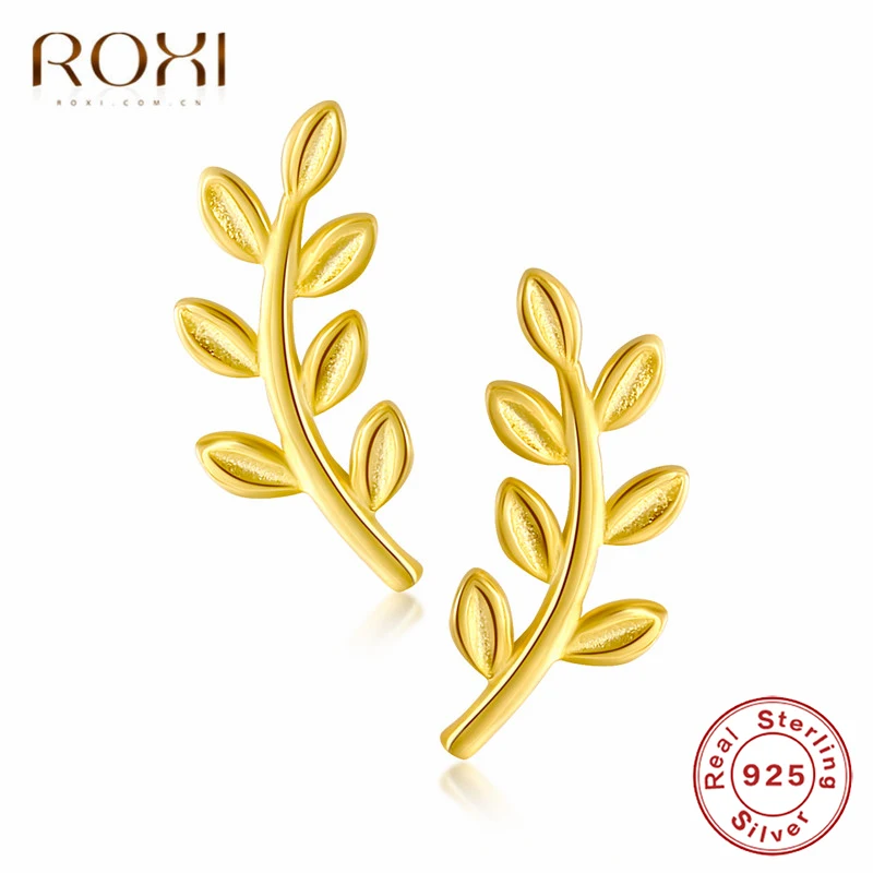 ROXI 925 Sterling Silver Exquisite Leaves Stud Earrings Boho Leaf Ear Climbers Ear Crawlers Bohemian Earrings For Women Jewelry