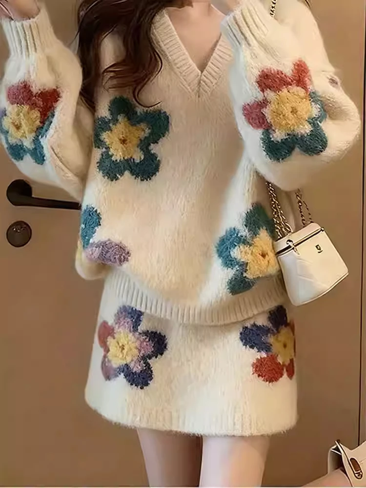 Winter Faion Soft Cozy Sweater Skirt Set Unique Sli High End Look V Ne Long Sve Plant Floral Knitted Thiened Two...