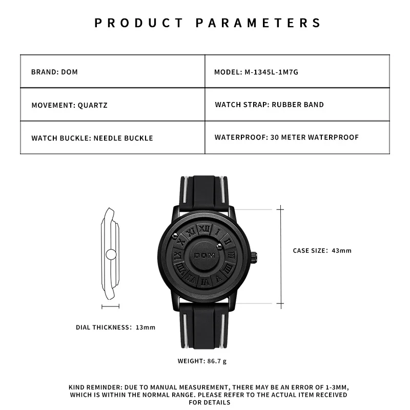 DOM 1345 오리지널 회전 자석 남성용 시계, 30m 방수 실리콘 밴드, 신제품