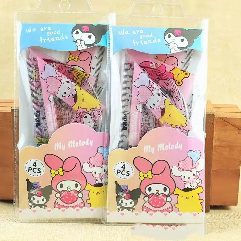 4Pcs/Set Sanrio Ruler Cartoon Kawaii Melody Kuromi Triangular Plate Protractor Measuring Ruler Set Students Stationery Gifts