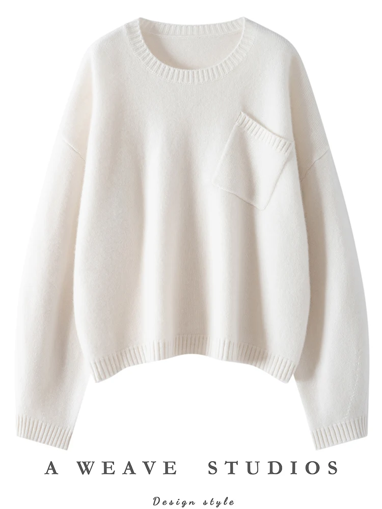 เสื้อสเวตเตอร์แคชเมียร์แท้ 100% สำหรับผู้หญิง ฤดูใบไม้ร่วง-ฤดูหนาว 2025 ทรงหลวม สวมหัว สบายๆ คอโอ ผ้าถักเนื้อนุ่ม มีกระเป๋า