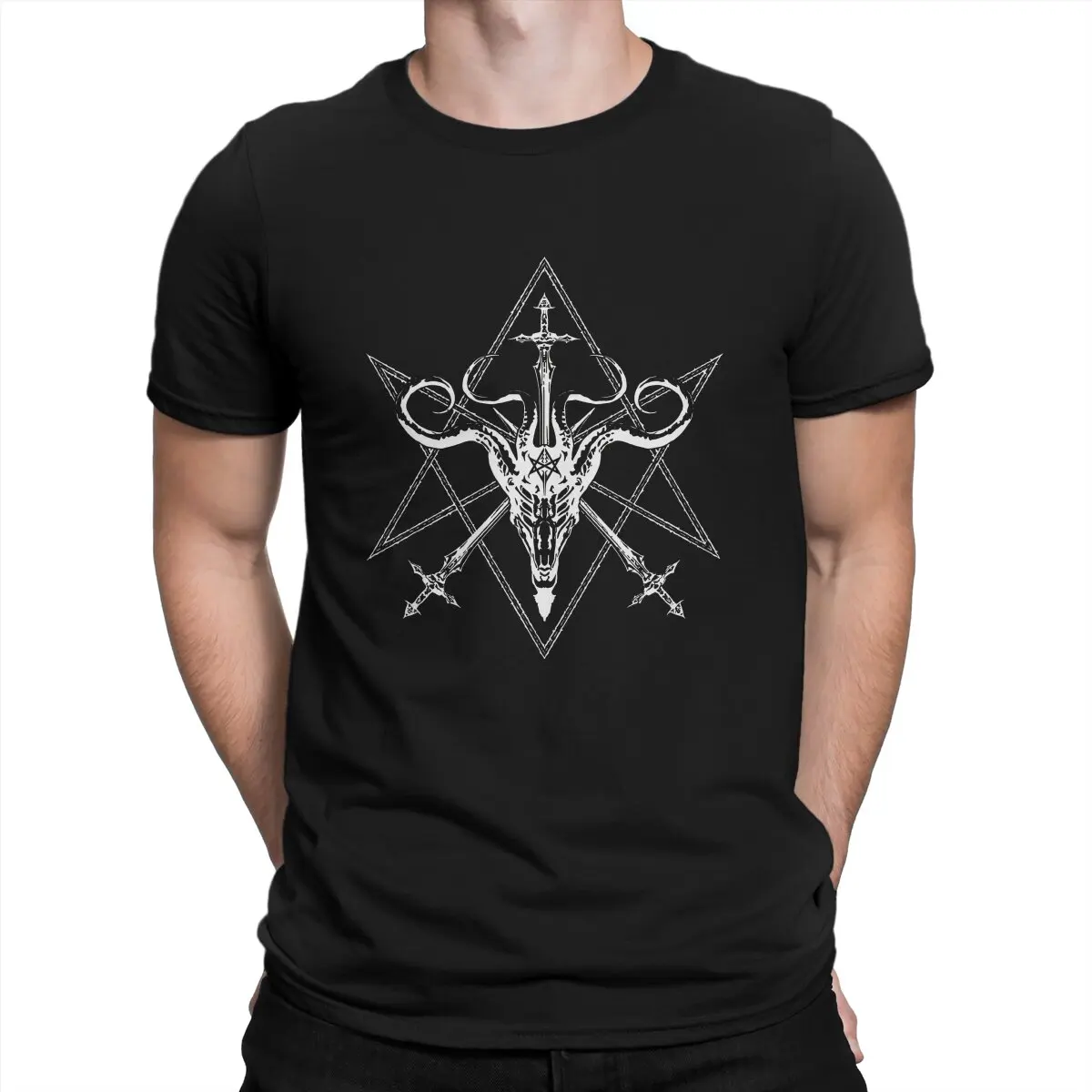 Hermetic Skull T-Shirts for Men Satanic Baphomet Goat Creative Pure Cotton Tees Round Neck Short Sleeve T Shirt Original Clothes