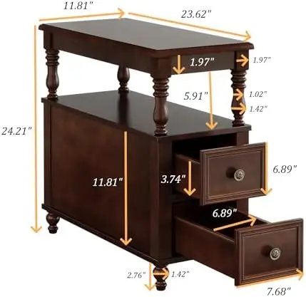 Solid Wood End Table, Vintage Side Table with 2 Drawers & 2-Tier Open Shelf, Mid-Century Nightstand, Slim Bedside Table