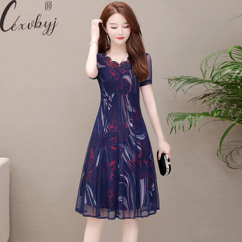 

Summer Casual Dress Oversized Short Sleeve Vintage A-Line Dress Ladies Temperament Print Gauze Floral Dress Plus Size Vestidos