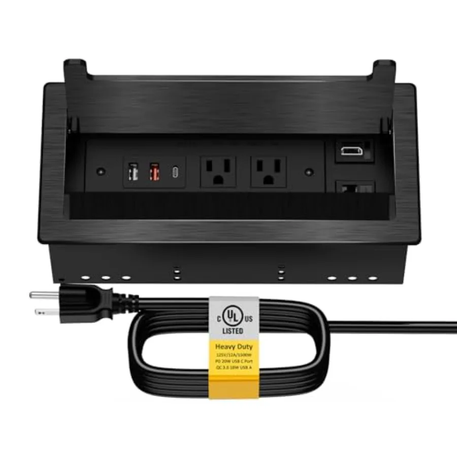 Conference Table Power Hub Outlet Multimedia Connectivity Box with 1 HDMI + 1 RJ45 + 20W USB C + 2 USB A + 2 AC Outlets Heavy D