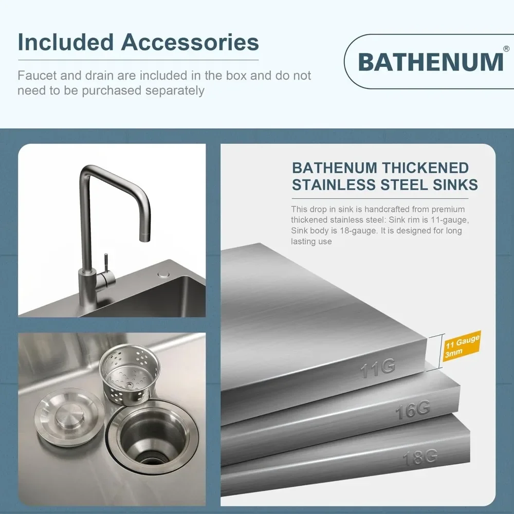حوض المطبخ مقاس 24 × 18 بوصة مع وعاء واحد من الفولاذ المقاوم للصدأ مع مجموعة تصريف وصنبور