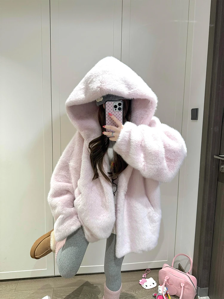 

2025 New Lazy Sle Thiened Faux Fur Coat Women's Loose Casual Long Sve Hooded Mid-Length Warm Outerwear Polyester Fiber