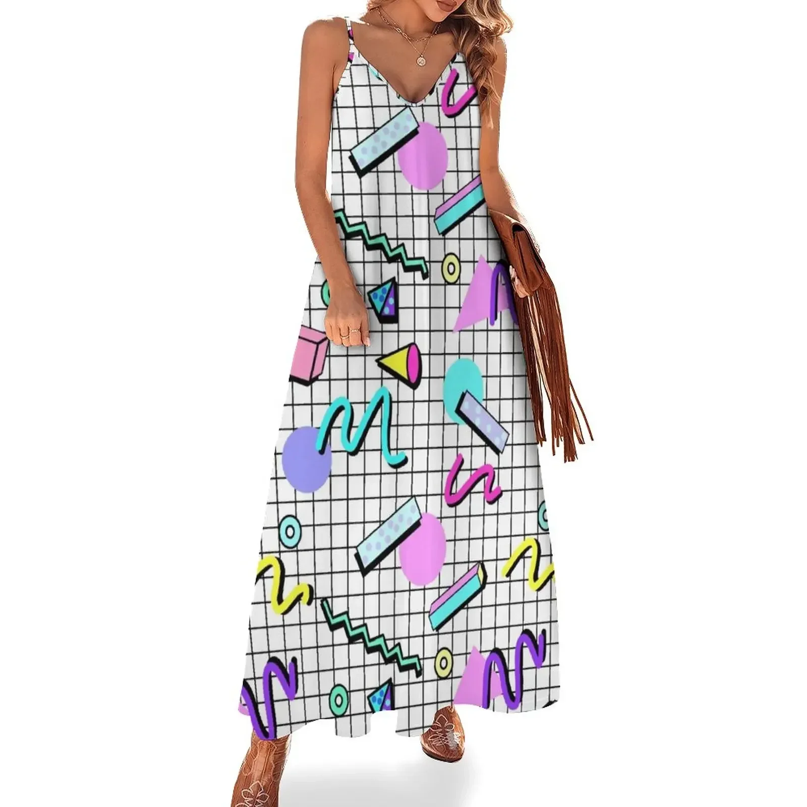 

80s Retro Party Grid Design (White BG) Sleeveless Dress women's evening dresses 2024 women's fashion dresses Dress