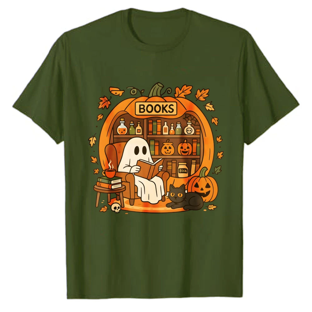 Cute Reading Ghost Bookshelf T‑Shirt Pumpkin Book Nook Black Cat Autumn Leaves Potion Bottles Cozy Book Lover Cartoon Cotton Tee