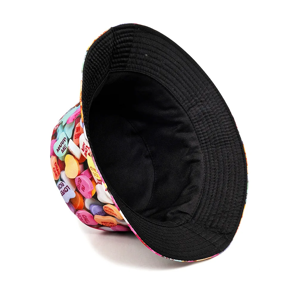 Heart Shaped Candy Pattern Panama Women Men Summer Outdoor Sunscreen Bucket Hats Love Decorate Fisherman Hat Female Sun Gorras 4