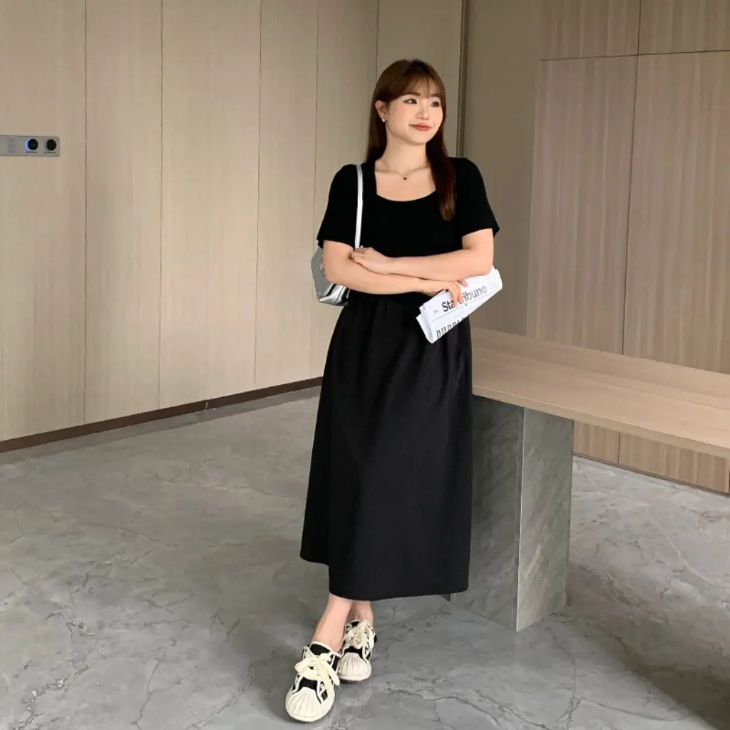 

Elegant High Waist Square Collar Dress Korean Chic Tea Style Skirt for plus Size Women Summer New Mm2025 63001