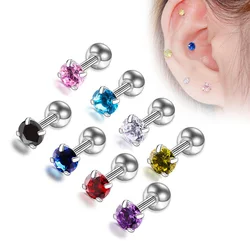 1Pairs/2Pcs Stainless Steel Crystal Studs Earrings For Women Men 4 Prong Tragus Round Screw Ball Cubic Zirconia Ear Jewelry