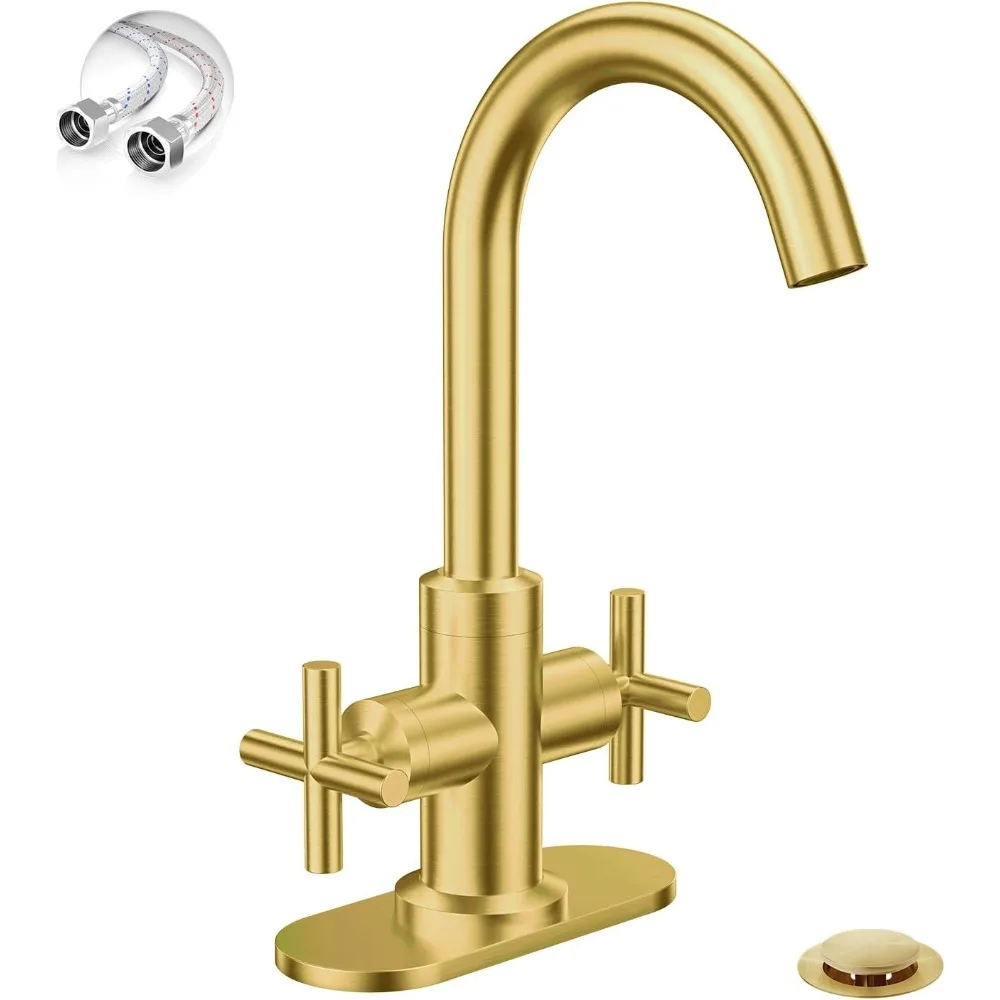 

Brushed Gold 4-Inch Centerset Faucet (1/3 Hole), Vanity Sink Faucet with 360° Swivel, Pop-Up Drain, Lines, SGF0310-BG