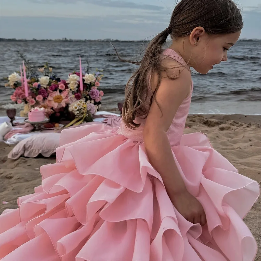 Pink Beach Flower Girl Dress Halter Tiered Pleated Floor Length Sleeveless Kids Lovely Birthday Party Bridesmaid Prom Gowns 2025