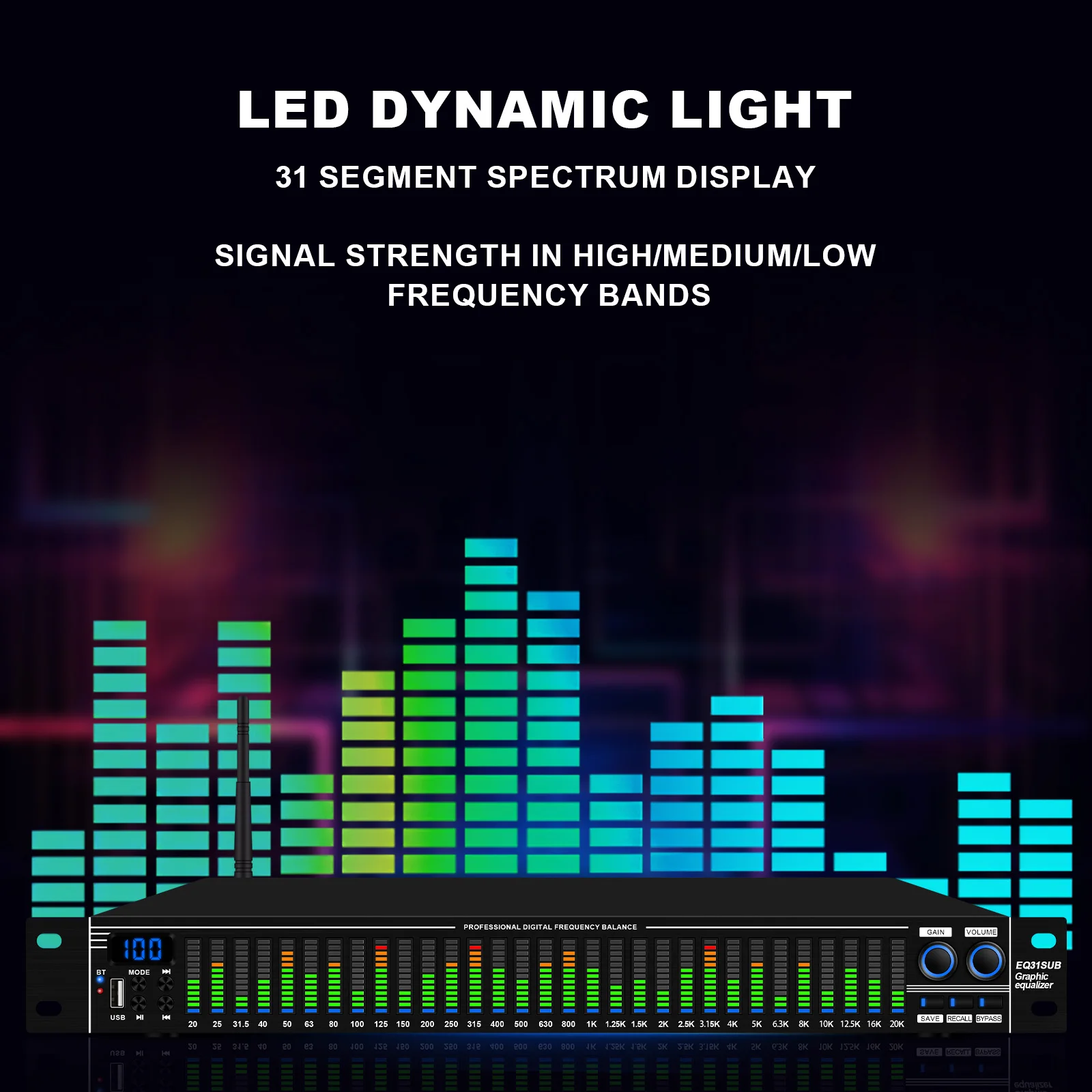 Professional digital audio graphic equalizer, home KTV stage performance audio EQ tuner, audio adjuster